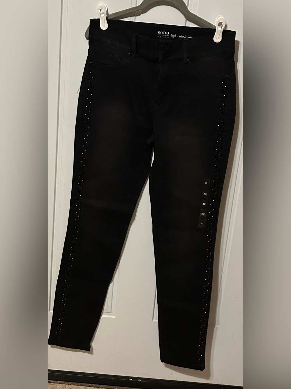 New York & Company Black Skinny Jeans with Side Stud Detailing